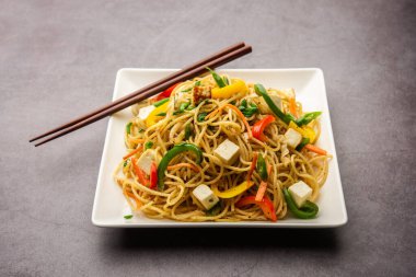 Schezwan veya Szechwan hakka erişteli paneer veya süzme peynir. Bir kasede servis edildi. seçici odak