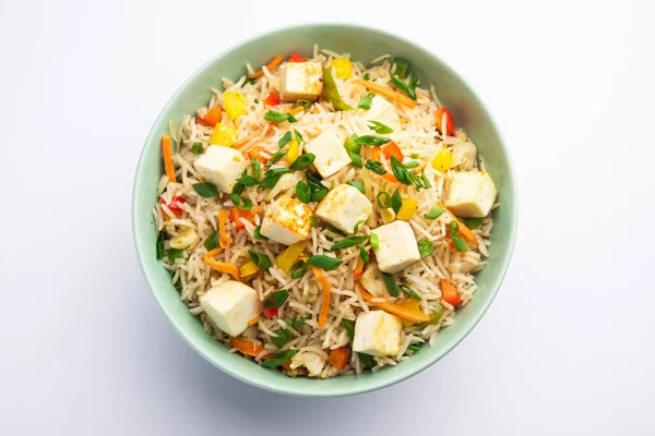 Schezwan paneer kızarmış pilav Szechuan sos ve peynir küpleri ile. bir kase ya da plaka veya tava servis. seçici odak