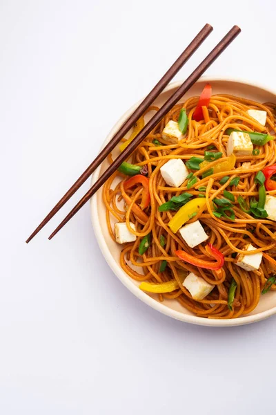 Schezwan veya Szechwan hakka erişteli paneer veya süzme peynir. Bir kasede servis edildi. seçici odak