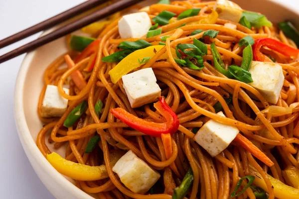 Schezwan veya Szechwan hakka erişteli paneer veya süzme peynir. Bir kasede servis edildi. seçici odak