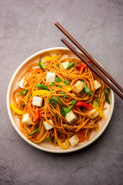 Schezwan veya Szechwan hakka erişteli paneer veya süzme peynir. Bir kasede servis edildi. seçici odak