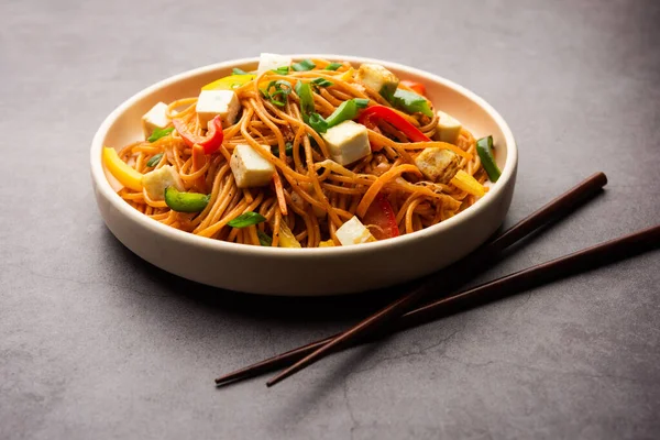 Schezwan veya Szechwan hakka erişteli paneer veya süzme peynir. Bir kasede servis edildi. seçici odak