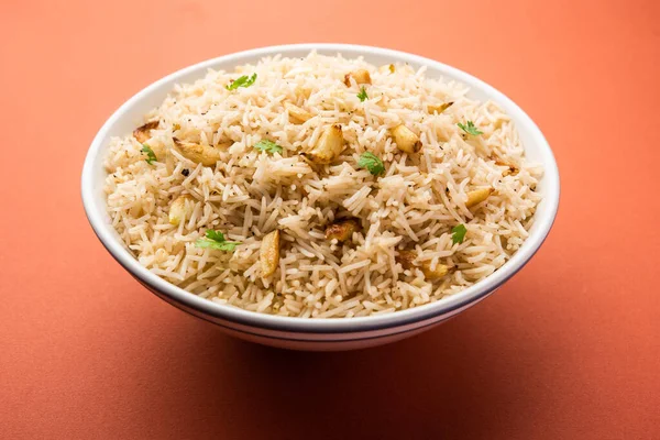 Garlic Fried Rice Pulav Using Basmati Rice Lahsun Served Dal — Stock Photo, Image