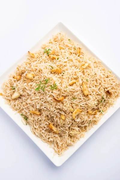 Garlic Fried Rice Pulav Using Basmati Rice Lahsun Served Dal — Stock Photo, Image