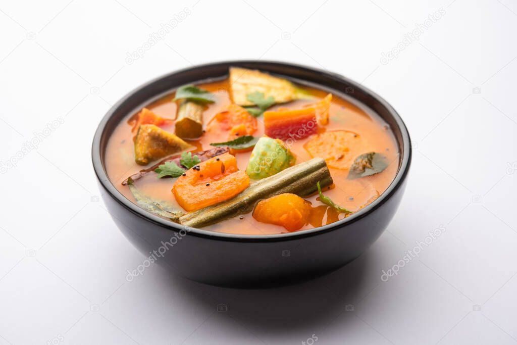 Sambar is a lentil-based vegetable stew/soup, cooked with pigeon pea and tamarind broth. It is popular in South Indian and Sri Lankan cuisines.