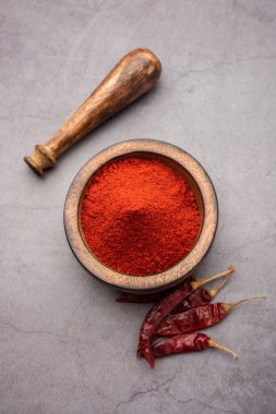 Kırmızı biber ya da Lal Mirchi ya da kapta pudra ya da havan ile karamsar arka plan, seçici odaklanma