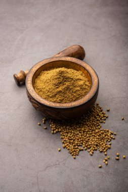 Hint baharat yığını kişniş tozu ya da Dhaniya tozu ya da Çin maydanozu kurutulmuş tohumları, seçici odak noktası