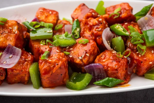 Chilli Paneer Dry Made Using Cottage Cheese Indo Chinese Food — Stock Photo, Image