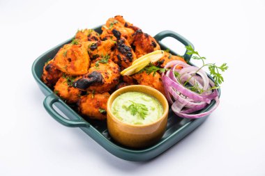 Hint tavuk tikka kebabı, baharat ve yoğurt ile marine edilmiş ve tandırda kızartılmış. Yeşil turşu ve soğanla servis edilir. seçici odak