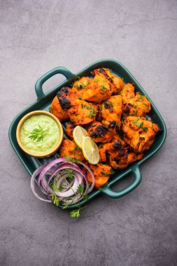 Hint tavuk tikka kebabı, baharat ve yoğurt ile marine edilmiş ve tandırda kızartılmış. Yeşil turşu ve soğanla servis edilir. seçici odak