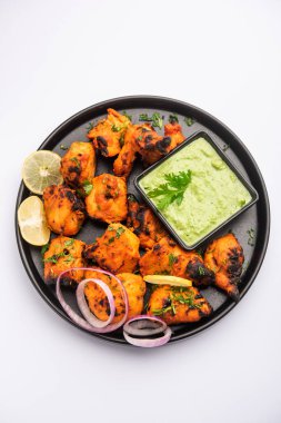 Hint tavuk tikka kebabı, baharat ve yoğurt ile marine edilmiş ve tandırda kızartılmış. Yeşil turşu ve soğanla servis edilir. seçici odak