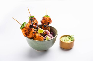 Hint tavuk tikka kebabı, baharat ve yoğurt ile marine edilmiş ve tandırda kızartılmış. Yeşil turşu ve soğanla servis edilir. seçici odak