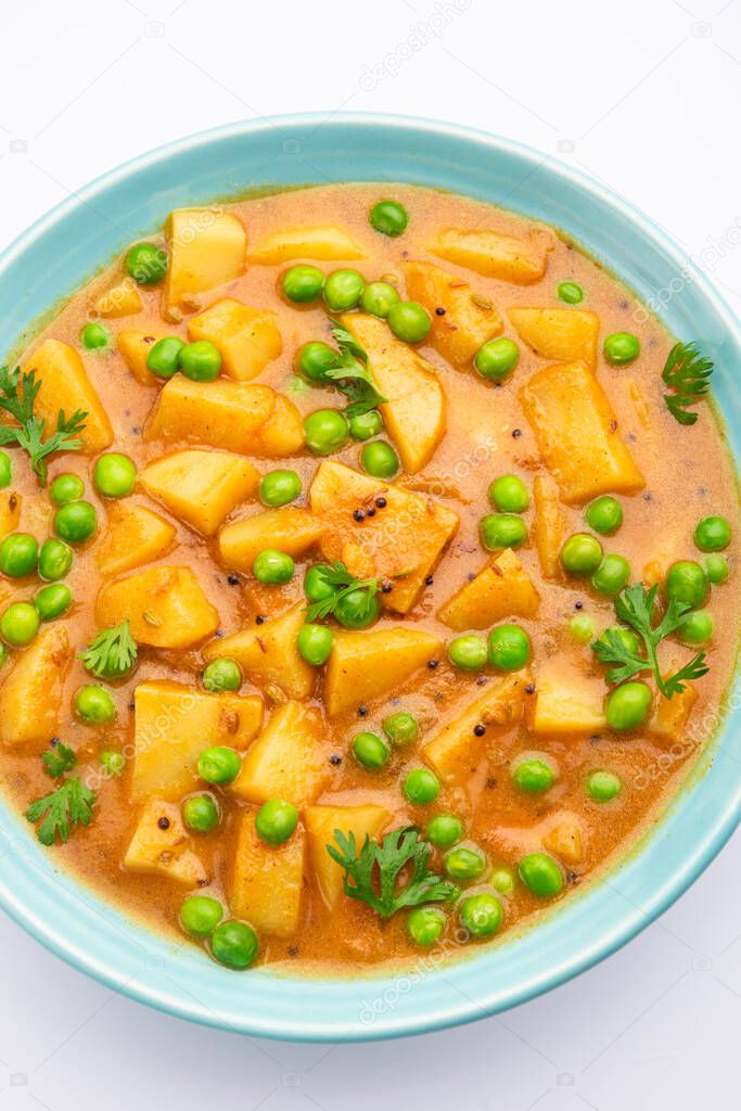 Aloo mutter is a Punjabi dish from the Indian subcontinent which is made from potatoes and peas in a spiced creamy tomato based sauce
