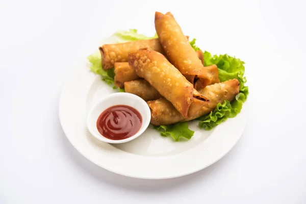 Roll Shaped Cigar Samosa Perfect Finger Food Served Ketchup — Stock Photo, Image