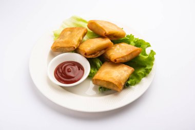 Sebzeli Çin samosası kare şeklindedir. Ev yapımı hamur işi çarşafları ve lezzetli eriştelerle hazırlanmış çok kızartılmış bir aperatiftir.