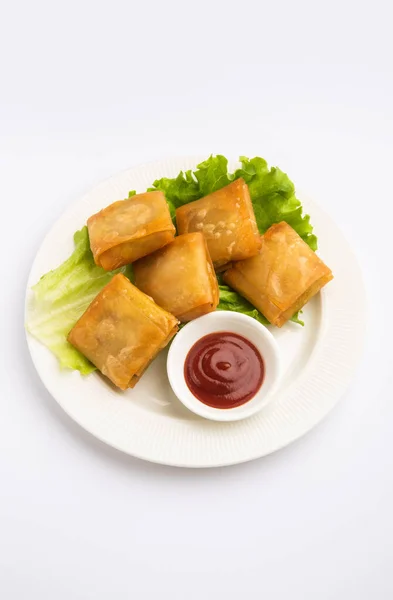 菜式中国萨莫萨是一个正方形 是用自制的糕点片和美味的面条填装制成的油炸小吃 — 图库照片