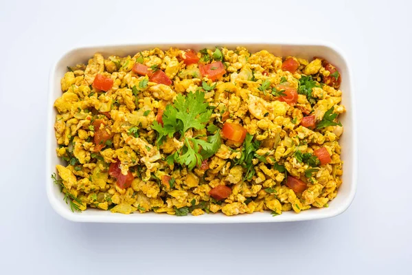 Egg bhurji, also known as Masala Anda Bhurji, is a scrambled eggs dish which is a popular Indian street food and a breakfast, lunch or dinner recipe
