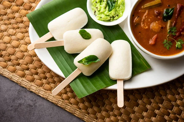 Idly Lollipop Idli Candy Stick Served Sambar Chutney South Indian — Stock fotografie