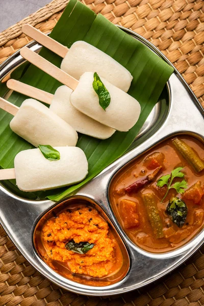 Idly Lollipop Idli Candy Stick Served Sambar Chutney South Indian — Stock Photo, Image