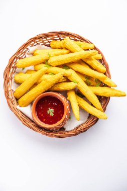 Crispy fried baby corn pakoda, pakora  or Baby corn fritters served with ketchup, Indian food clipart
