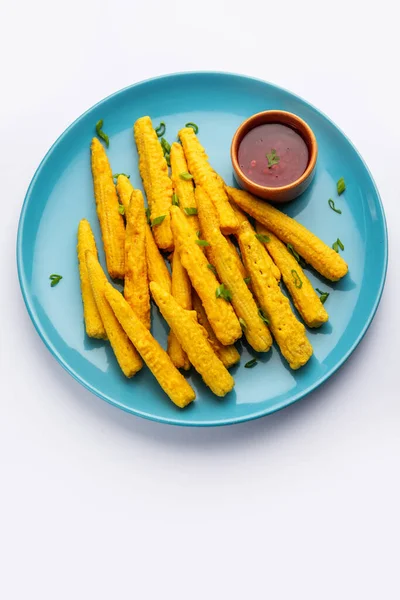 Crispy Fried Baby Corn Pakoda Pakora Baby Corn Fritters Served — 스톡 사진