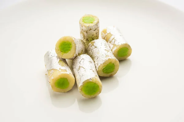 Kaju Pista Roll Cashew Pistachio Rolls Mithai Sigar Indian Sweet — Stock Photo, Image