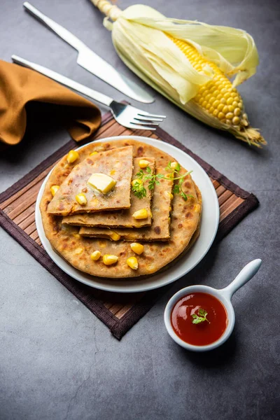 Sweet Corn Stuffed Paratha Parotha Served Plate Indian Flatbread Recipe — Stock Photo, Image