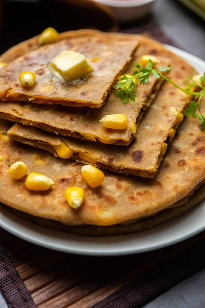 Sweet Corn Stuffed Paratha Parotha Served Plate Indian Flatbread Recipe — Stock Photo, Image
