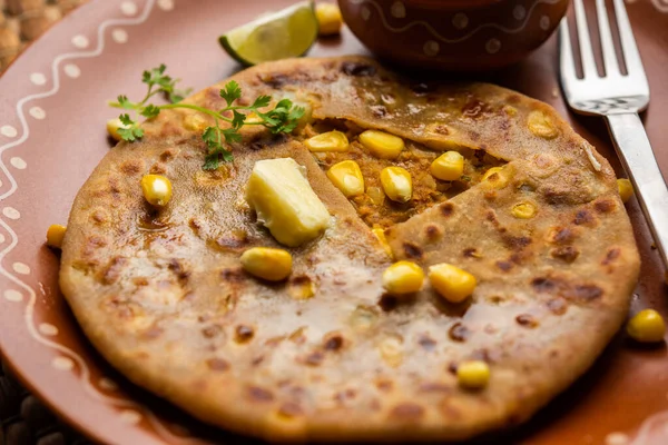 Sweet Corn Stuffed Paratha Parotha Served Plate Indian Flatbread Recipe — Stok fotoğraf