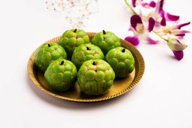 Sitafal peda or pera or custard apple shape designer sweet mithai barfi or burfi