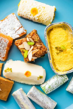 Indian assorted sweet mithai, barfi in a group