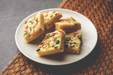 Milk powder barfi also known as Mava burfi, white Khoya burfi or Barfee, Indian Sweet food