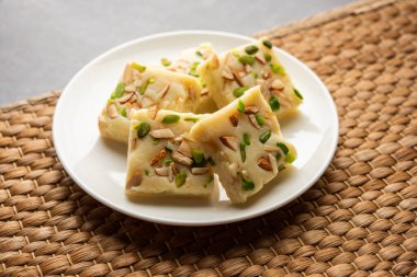 Milk powder barfi also known as Mava burfi, white Khoya burfi or Barfee, Indian Sweet food