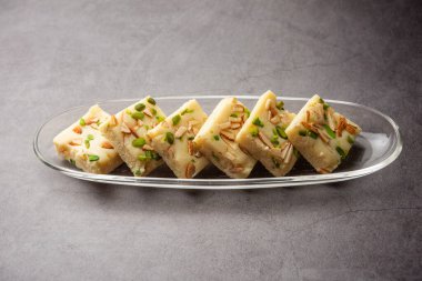 Milk powder barfi also known as Mava burfi, white Khoya burfi or Barfee, Indian Sweet food