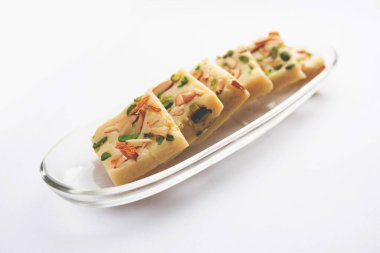 Milk powder barfi also known as Mava burfi, white Khoya burfi or Barfee, Indian Sweet food