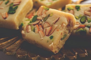 Milk powder barfi also known as Mava burfi, white Khoya burfi or Barfee, Indian Sweet food