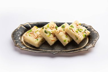 Milk powder barfi also known as Mava burfi, white Khoya burfi or Barfee, Indian Sweet food