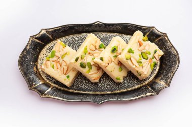 Milk powder barfi also known as Mava burfi, white Khoya burfi or Barfee, Indian Sweet food