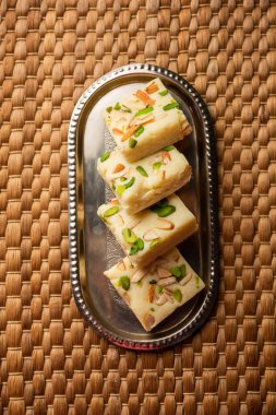 Milk powder barfi also known as Mava burfi, white Khoya burfi or Barfee, Indian Sweet food