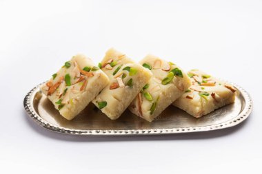 Milk powder barfi also known as Mava burfi, white Khoya burfi or Barfee, Indian Sweet food