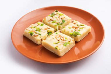 Milk powder barfi also known as Mava burfi, white Khoya burfi or Barfee, Indian Sweet food