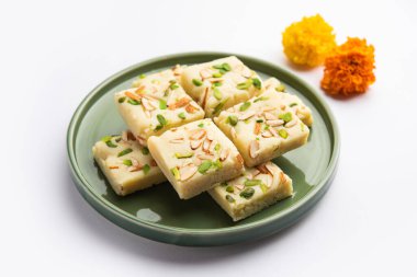 Milk powder barfi also known as Mava burfi, white Khoya burfi or Barfee, Indian Sweet food