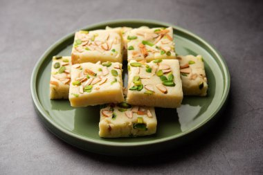 Milk powder barfi also known as Mava burfi, white Khoya burfi or Barfee, Indian Sweet food