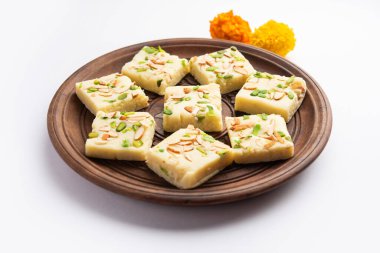 Milk powder barfi also known as Mava burfi, white Khoya burfi or Barfee, Indian Sweet food