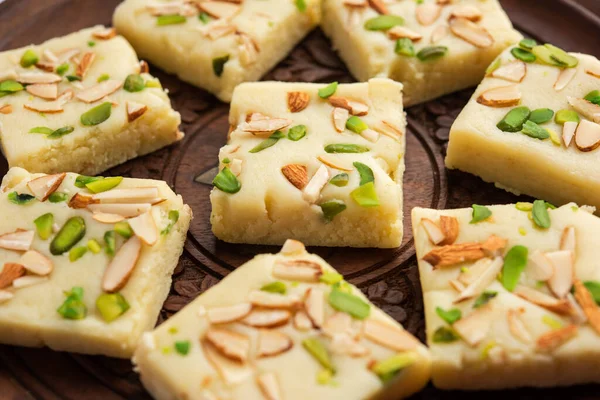 Milk powder barfi also known as Mava burfi, white Khoya burfi or Barfee, Indian Sweet food