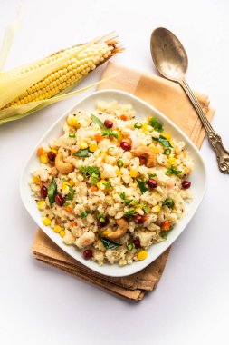 Sweet Corn Upma, makai rava uppittu made using with or without semolina , healthy Indian breakfast