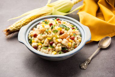 Sweet Corn Upma, makai rava uppittu made using with or without semolina , healthy Indian breakfast