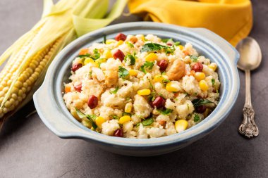 Sweet Corn Upma, makai rava uppittu made using with or without semolina , healthy Indian breakfast