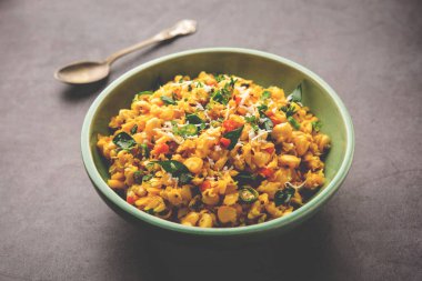 Sweet Corn Upma, makai rava uppittu made using with or without semolina , healthy Indian breakfast