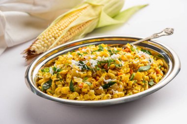 Sweet Corn Upma, makai rava uppittu made using with or without semolina , healthy Indian breakfast